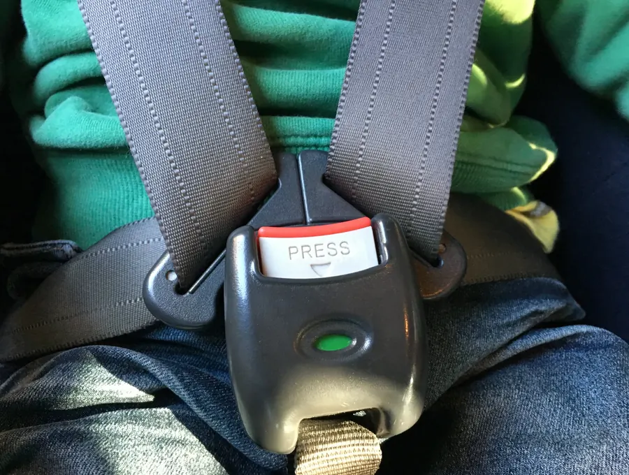 Buckle with a red press release holding two webbing sections